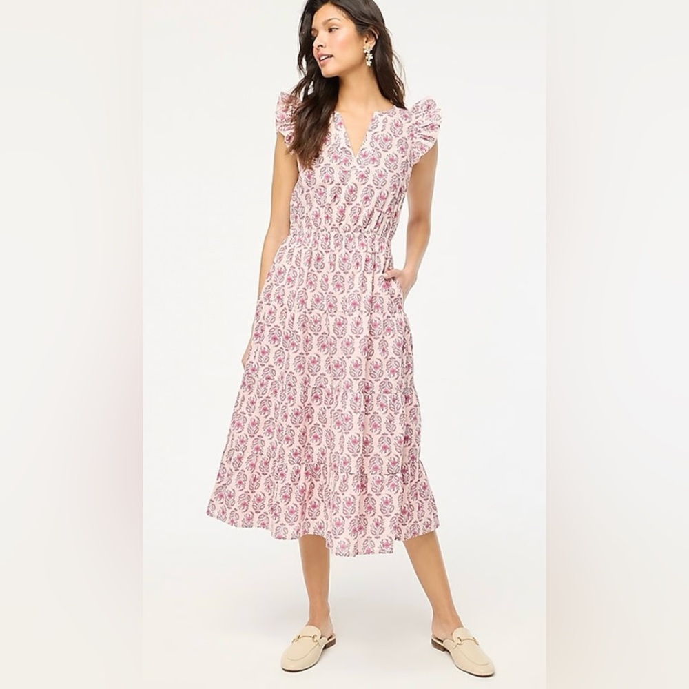 J. Crew Ruffle Sleeve Midi Dress Pink Floral Size